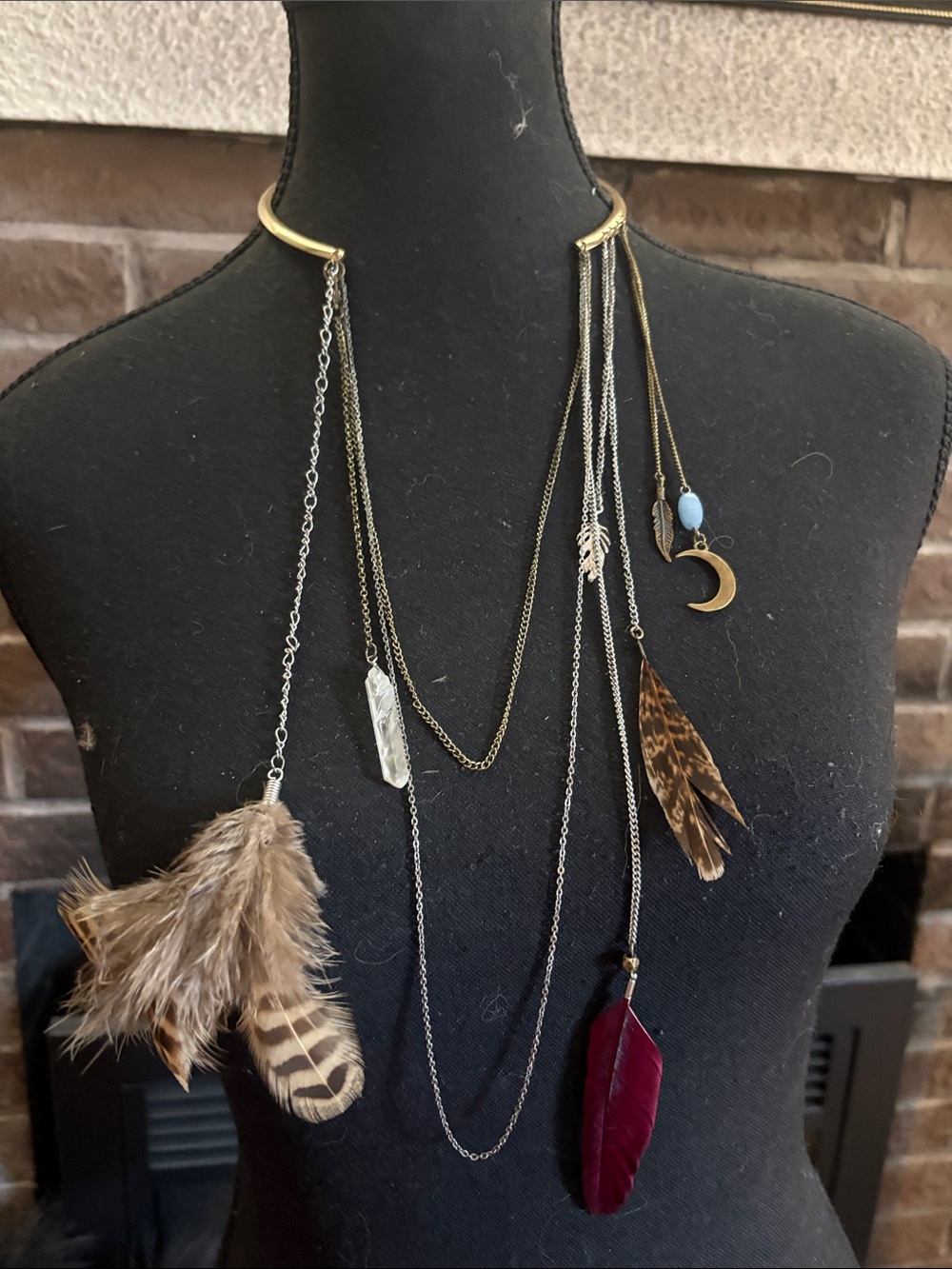 Vintage Layered Feather & Charm Necklace - Burgundy, Brown & Gold